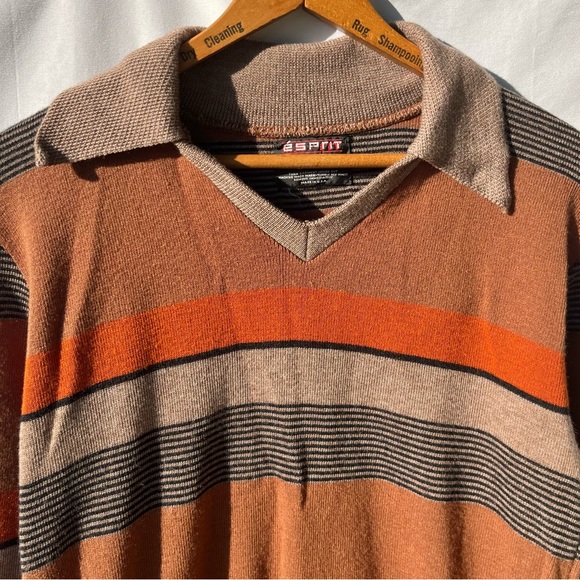 Vintage 70s Campus Knit Striped Collared V-Neck Long Sleeve Sweater Brown - Picture 2 of 10